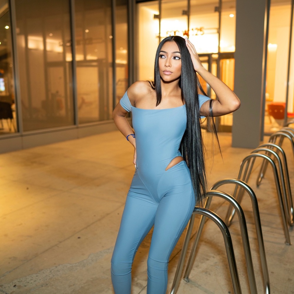 Fashion Nova Light Blue Off-Shoulder Jumpsuit